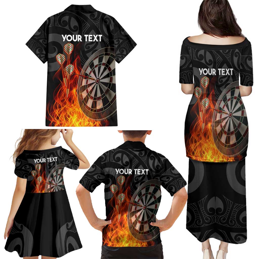 Personalised Aotearoa Darts Family Matching Puletasi and Hawaiian Shirt Maori Koru Flaming Dartboard
