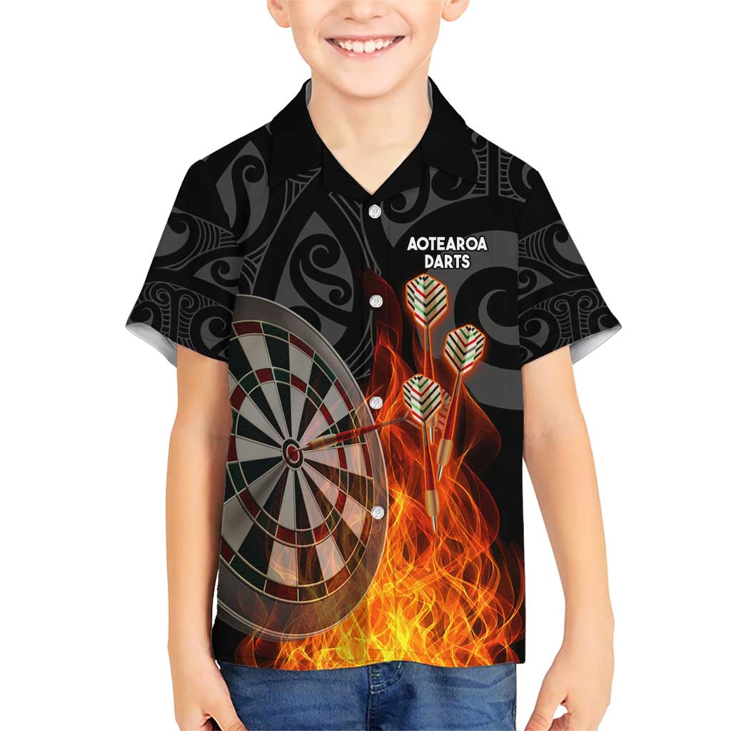 Personalised Aotearoa Darts Family Matching Short Sleeve Bodycon Dress and Hawaiian Shirt Maori Koru Flaming Dartboard