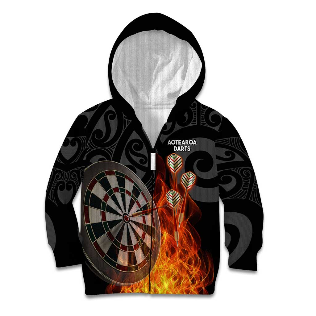 Personalised Aotearoa Darts Kid Hoodie Maori Koru Flaming Dartboard LT14 Zip Hoodie Black - Polynesian Pride