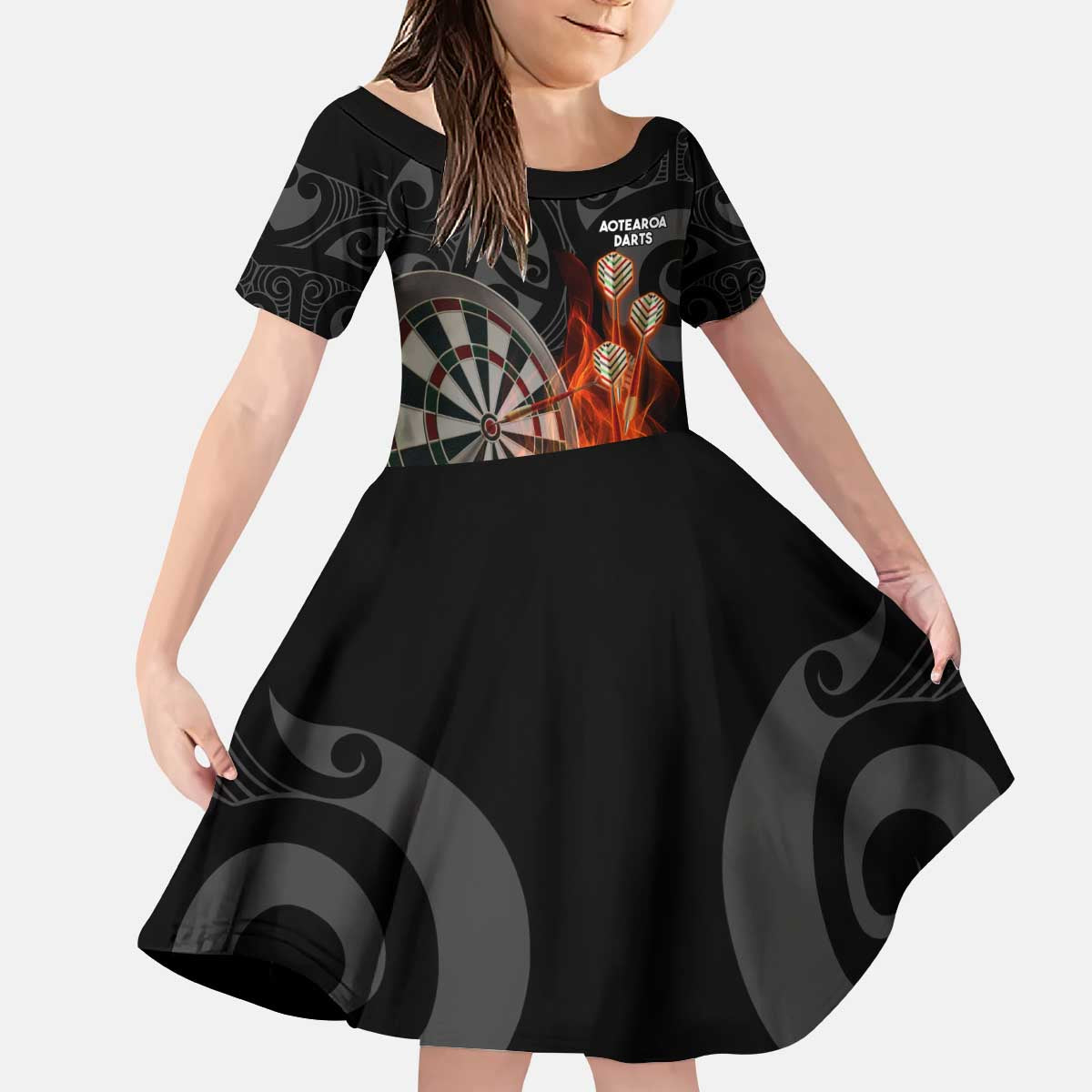Personalised Aotearoa Darts Kid Short Sleeve Dress Maori Koru Flaming Dartboard