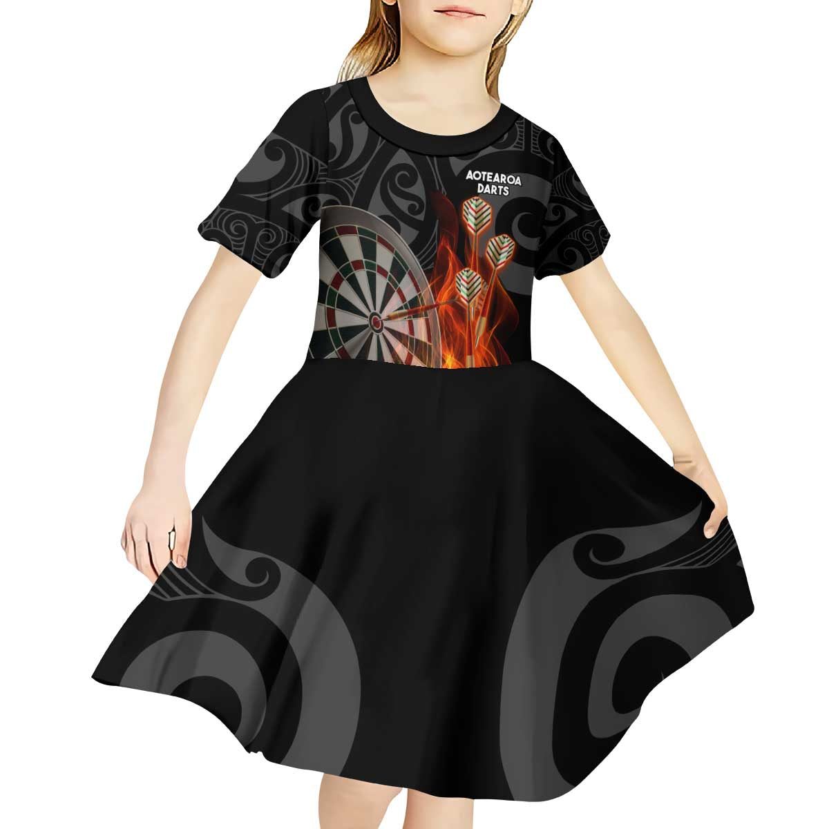 Personalised Aotearoa Darts Kid Short Sleeve Dress Maori Koru Flaming Dartboard LT14 - Polynesian Pride