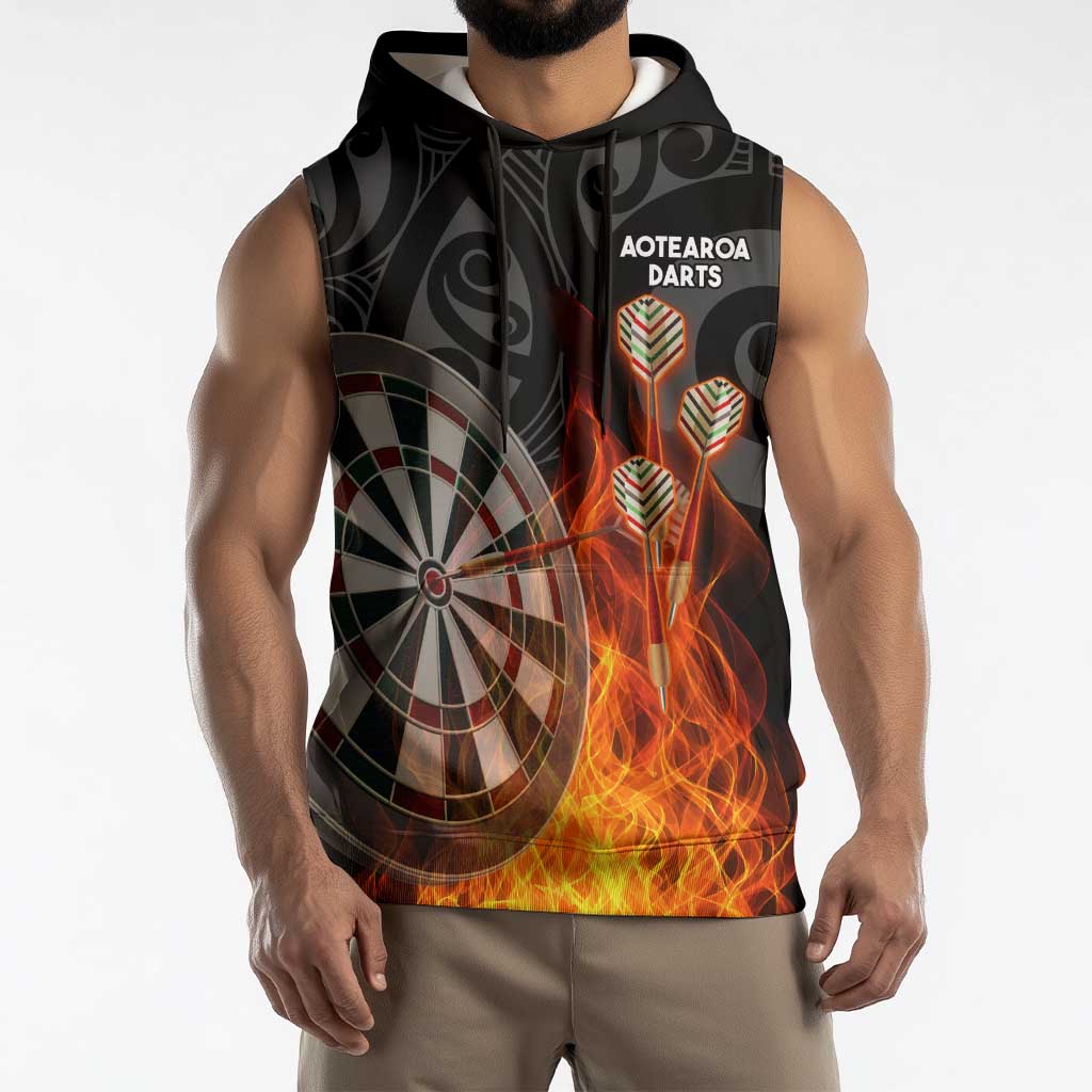 Personalised Aotearoa Darts Sleeveless Hoodie Maori Koru Flaming Dartboard - Polynesian Pride
