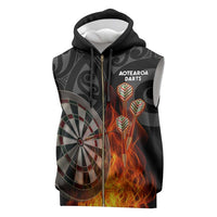 Personalised Aotearoa Darts Sleeveless Zip Hoodie Maori Koru Flaming Dartboard - Polynesian Pride