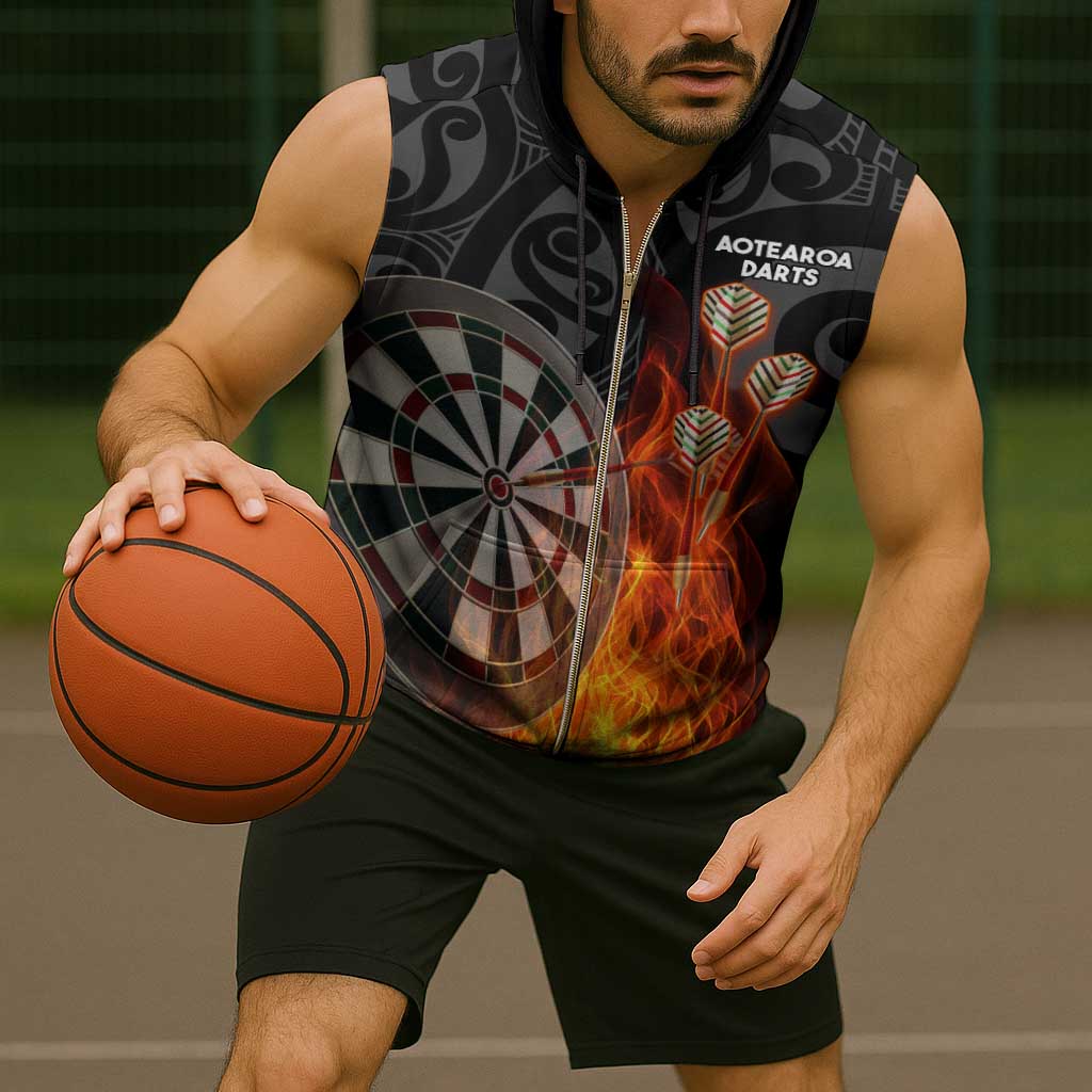 Personalised Aotearoa Darts Sleeveless Zip Hoodie Maori Koru Flaming Dartboard - Polynesian Pride