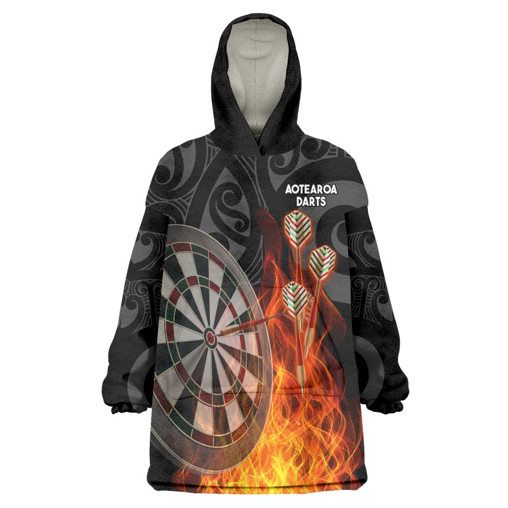 Personalised Aotearoa Darts Wearable Blanket Hoodie Maori Koru Flaming Dartboard