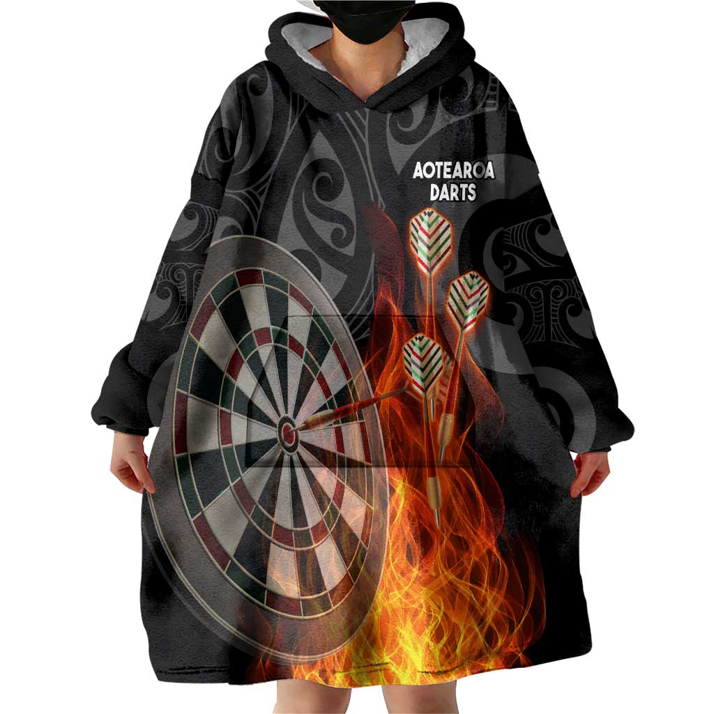 Personalised Aotearoa Darts Wearable Blanket Hoodie Maori Koru Flaming Dartboard