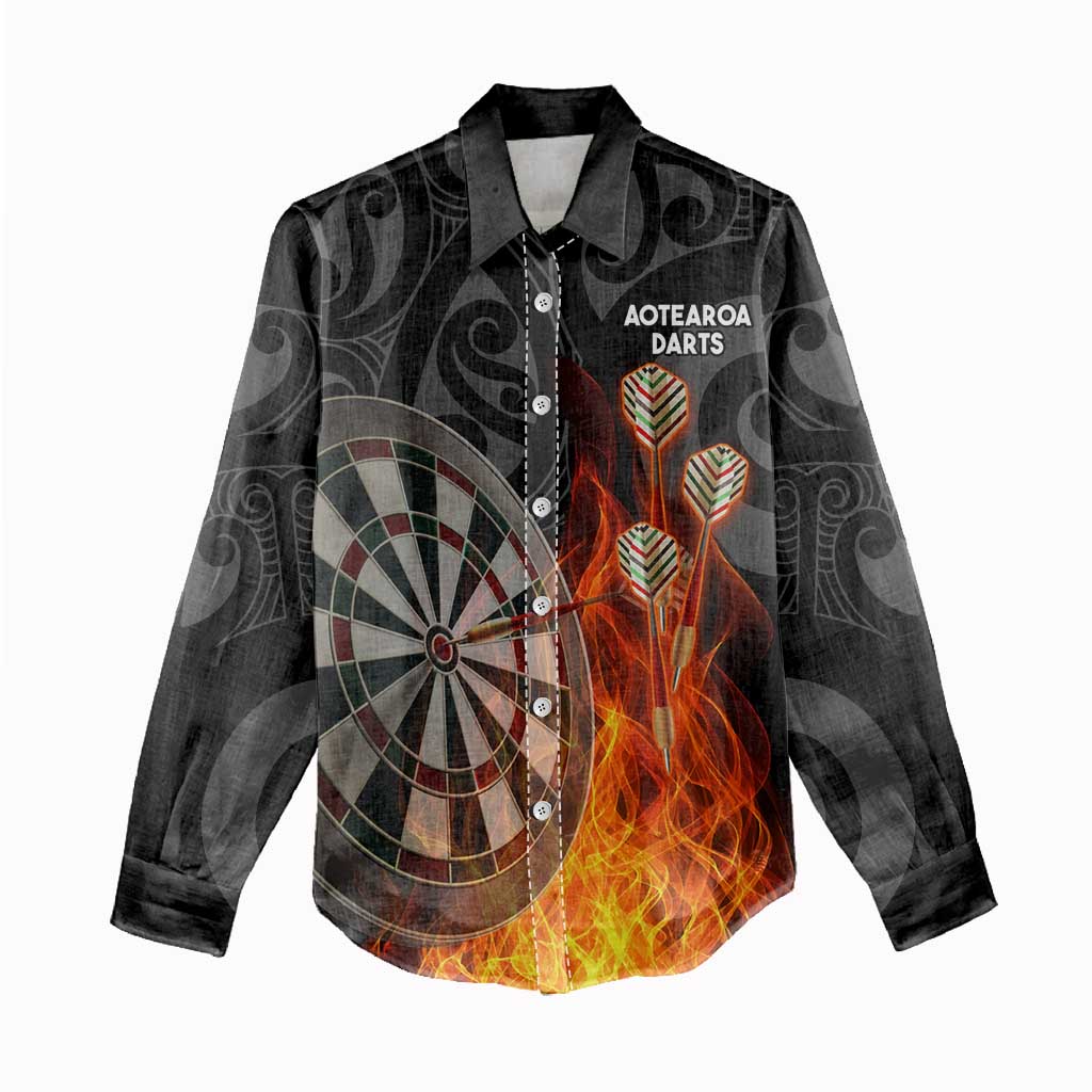 Personalised Aotearoa Darts Women Casual Shirt Maori Koru Flaming Dartboard