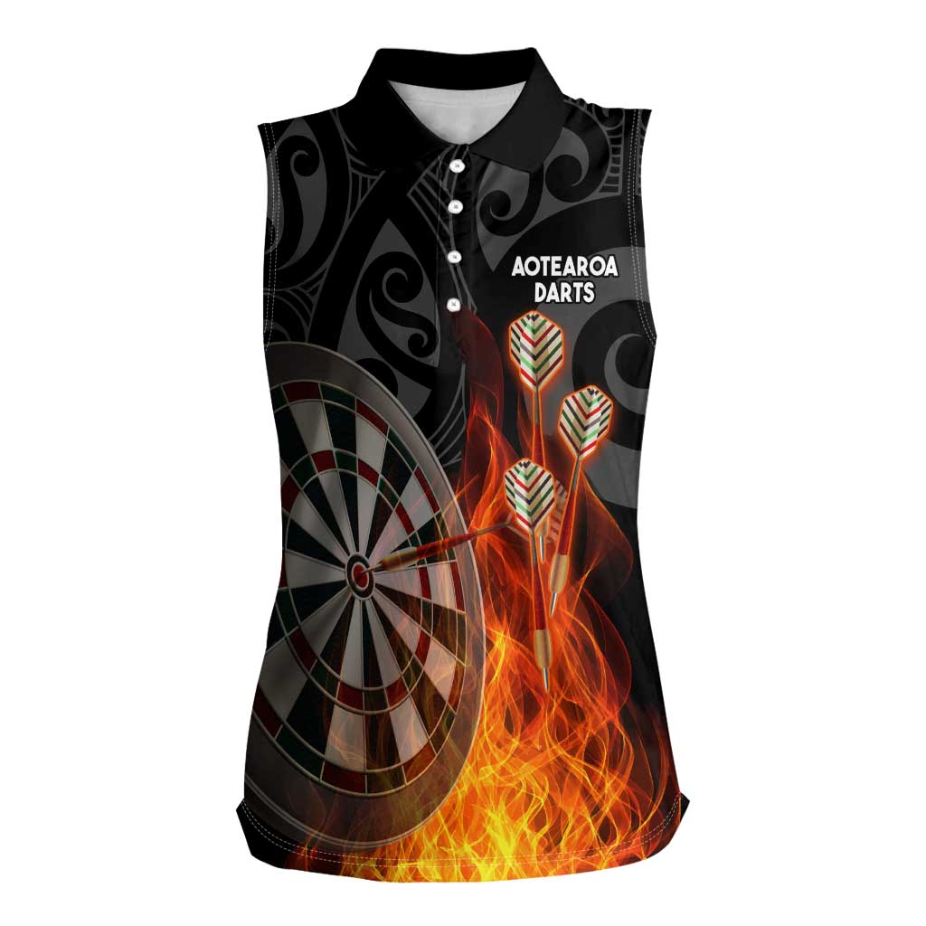 Personalised Aotearoa Darts Women Sleeveless Polo Shirt Maori Koru Flaming Dartboard