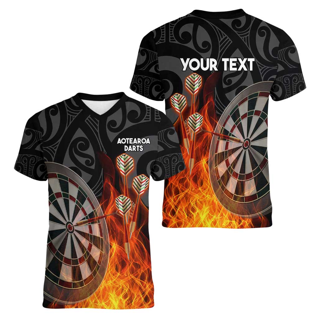 Personalised Aotearoa Darts Women V-Neck T-Shirt Maori Koru Flaming Dartboard