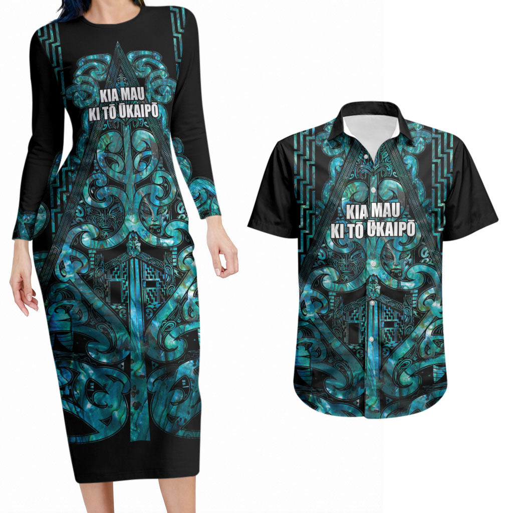 Maori Language Week Personalised Couples Matching Long Sleeve Bodycon Dress and Hawaiian Shirt Kia Mau Ki To Ukaipo Paua Shell Color LT14 Turquoise - Polynesian Pride