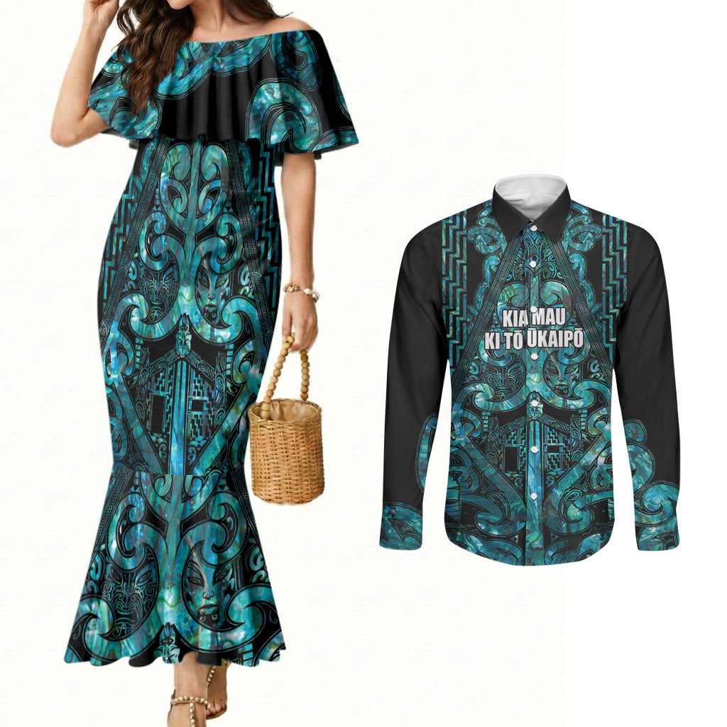 Maori Language Week Personalised Couples Matching Mermaid Dress and Long Sleeve Button Shirt Kia Mau Ki To Ukaipo Paua Shell Color LT14 Turquoise - Polynesian Pride