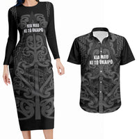 Maori Language Week Personalised Couples Matching Long Sleeve Bodycon Dress and Hawaiian Shirt Kia Mau Ki To Ukaipo Grey Color LT14 Grey - Polynesian Pride