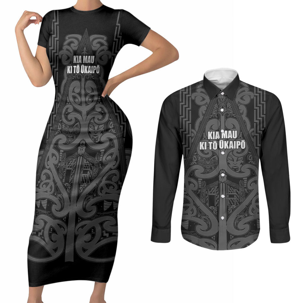 Maori Language Week Personalised Couples Matching Short Sleeve Bodycon Dress and Long Sleeve Button Shirt Kia Mau Ki To Ukaipo Grey Color LT14 Grey - Polynesian Pride