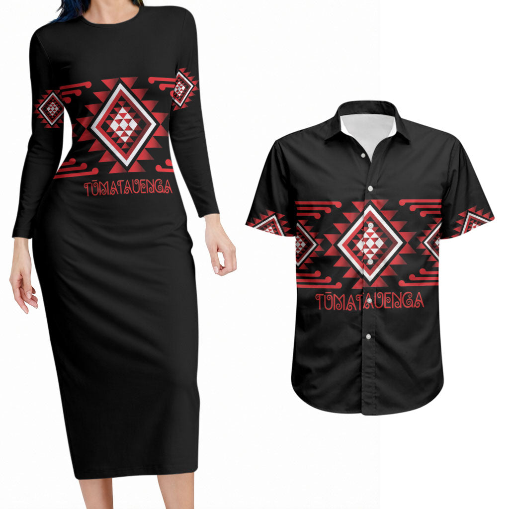 Aotearoa Atua Tumatauenga Personalised Couples Matching Long Sleeve Bodycon Dress and Hawaiian Shirt Maori God Of War Taniko Motifs LT14 Red - Polynesian Pride
