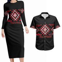 Aotearoa Atua Tumatauenga Personalised Couples Matching Long Sleeve Bodycon Dress and Hawaiian Shirt Maori God Of War Taniko Motifs LT14 Red - Polynesian Pride
