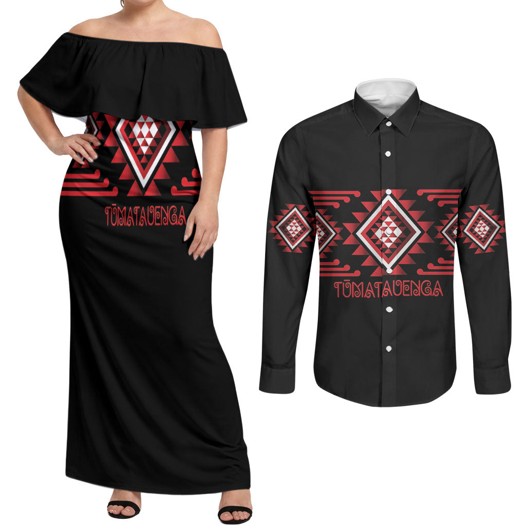 Aotearoa Atua Tumatauenga Personalised Couples Matching Off Shoulder Maxi Dress and Long Sleeve Button Shirt Maori God Of War Taniko Motifs LT14 Red - Polynesian Pride