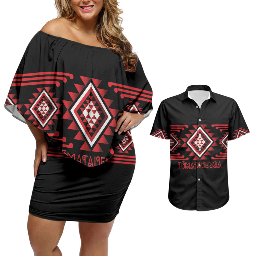 Aotearoa Atua Tumatauenga Personalised Couples Matching Off Shoulder Short Dress and Hawaiian Shirt Maori God Of War Taniko Motifs LT14 Red - Polynesian Pride
