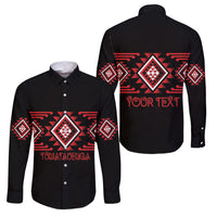 Aotearoa Atua Tumatauenga Personalised Family Matching Long Sleeve Bodycon Dress and Hawaiian Shirt Maori God Of War Taniko Motifs LT14 Dad's Shirt - Long Sleeve Red - Polynesian Pride