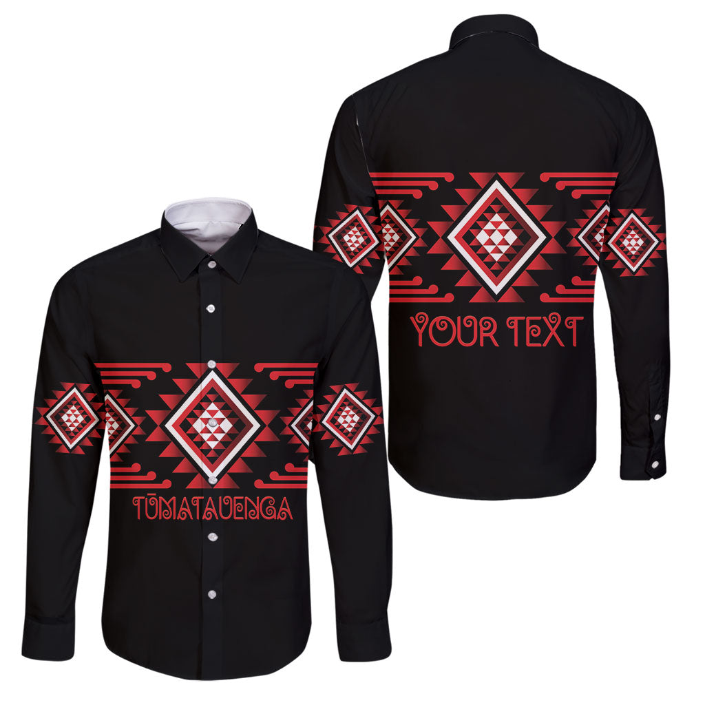Aotearoa Atua Tumatauenga Personalised Family Matching Off Shoulder Maxi Dress and Hawaiian Shirt Maori God Of War Taniko Motifs LT14 Dad's Shirt - Long Sleeve Red - Polynesian Pride
