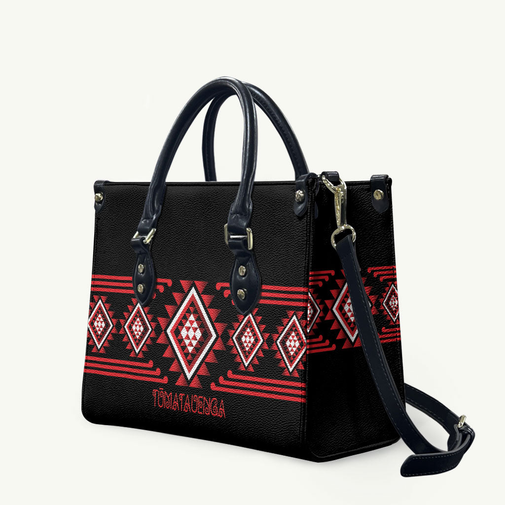 Aotearoa Atua Tumatauenga Leather Bag Maori God Of War Taniko Motifs LT14 Red - Polynesian Pride