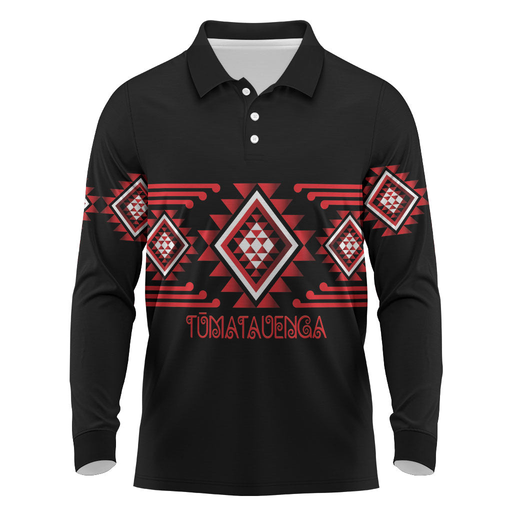 Aotearoa Atua Tumatauenga Personalised Long Sleeve Polo Shirt Maori God Of War Taniko Motifs LT14 Red - Polynesian Pride