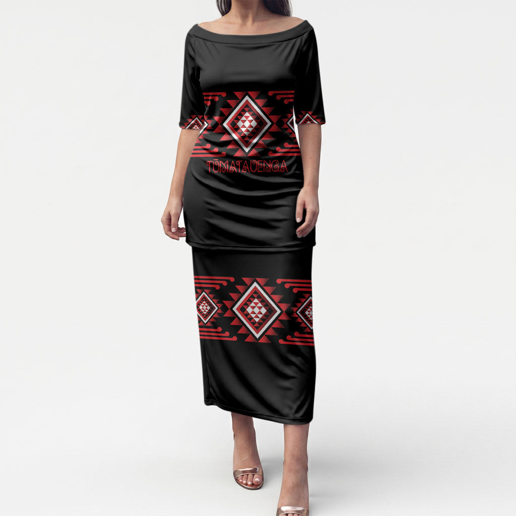 Aotearoa Atua Tumatauenga Personalised Puletasi Maori God Of War Taniko Motifs LT14 Long Dress Red - Polynesian Pride
