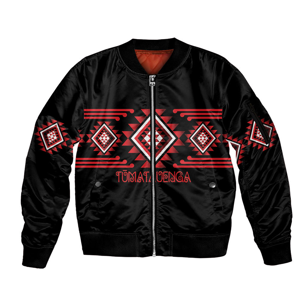 Aotearoa Atua Tumatauenga Personalised Sleeve Zip Bomber Jacket Maori God Of War Taniko Motifs LT14 Unisex Red - Polynesian Pride