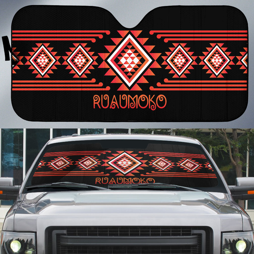 Aotearoa Atua Ruaumoko Auto Sun Shade Maori Powerful God Taniko Motifs LT14 Orange - Polynesian Pride