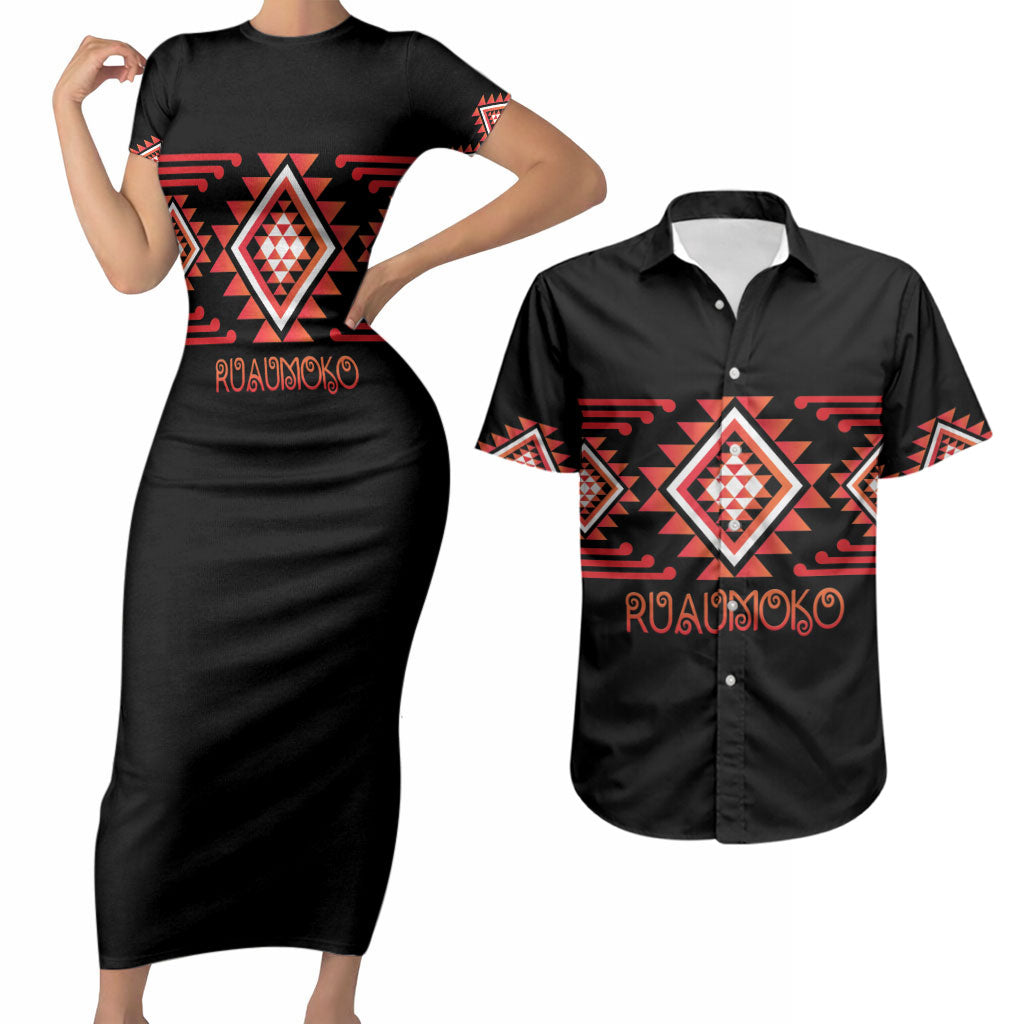 Aotearoa Atua Ruaumoko Personalised Couples Matching Short Sleeve Bodycon Dress and Hawaiian Shirt Maori Powerful God Taniko Motifs LT14 Orange - Polynesian Pride