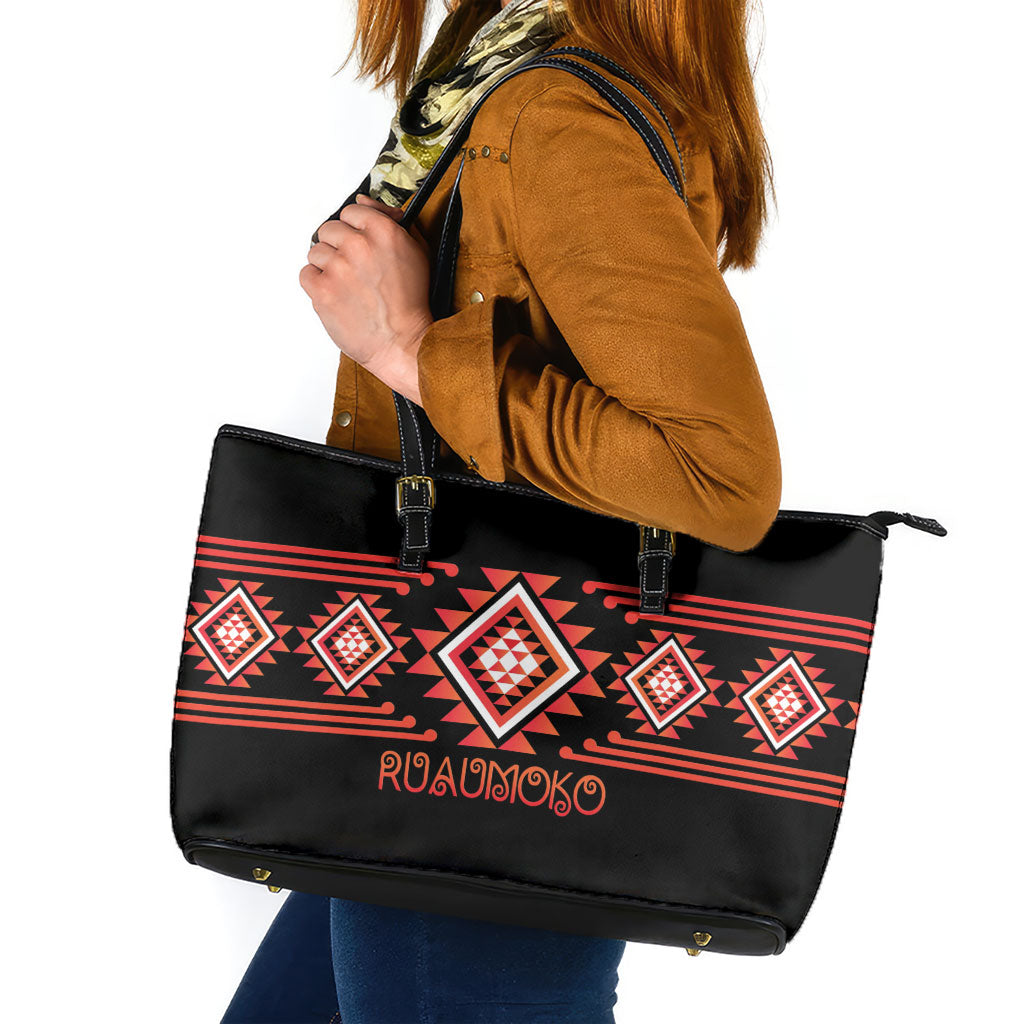 Aotearoa Atua Ruaumoko Leather Tote Bag Maori Powerful God Taniko Motifs LT14 Orange - Polynesian Pride