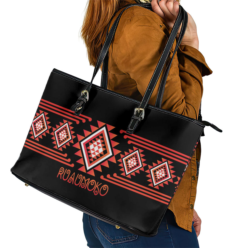 Aotearoa Atua Ruaumoko Leather Tote Bag Maori Powerful God Taniko Motifs LT14 - Polynesian Pride
