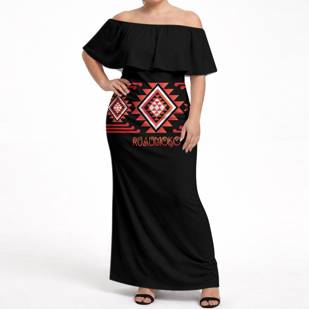 Aotearoa Atua Ruaumoko Personalised Off Shoulder Maxi Dress Maori Powerful God Taniko Motifs LT14 Women Orange - Polynesian Pride
