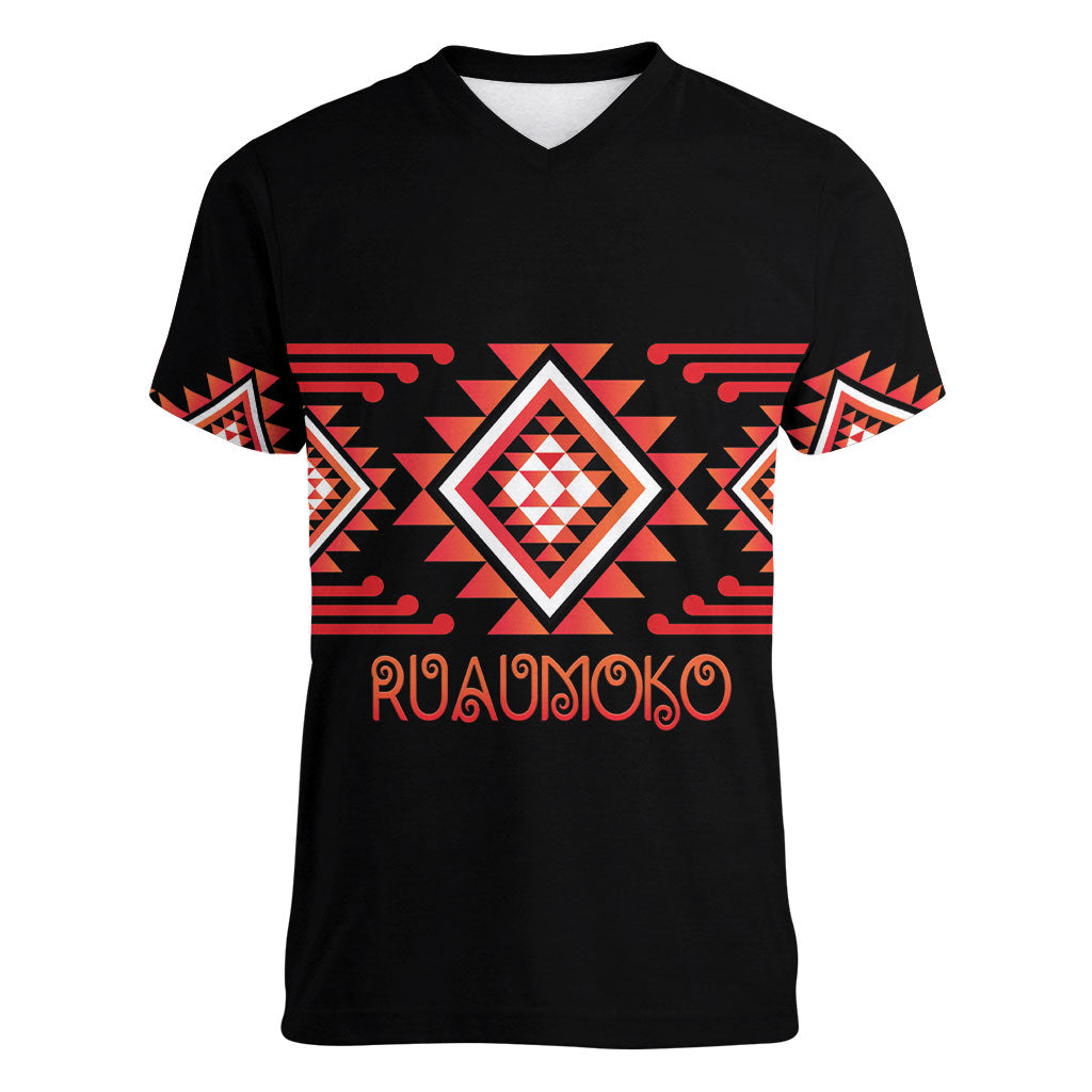 Aotearoa Atua Ruaumoko Personalised Women V-Neck T-Shirt Maori Powerful God Taniko Motifs LT14 Female Orange - Polynesian Pride