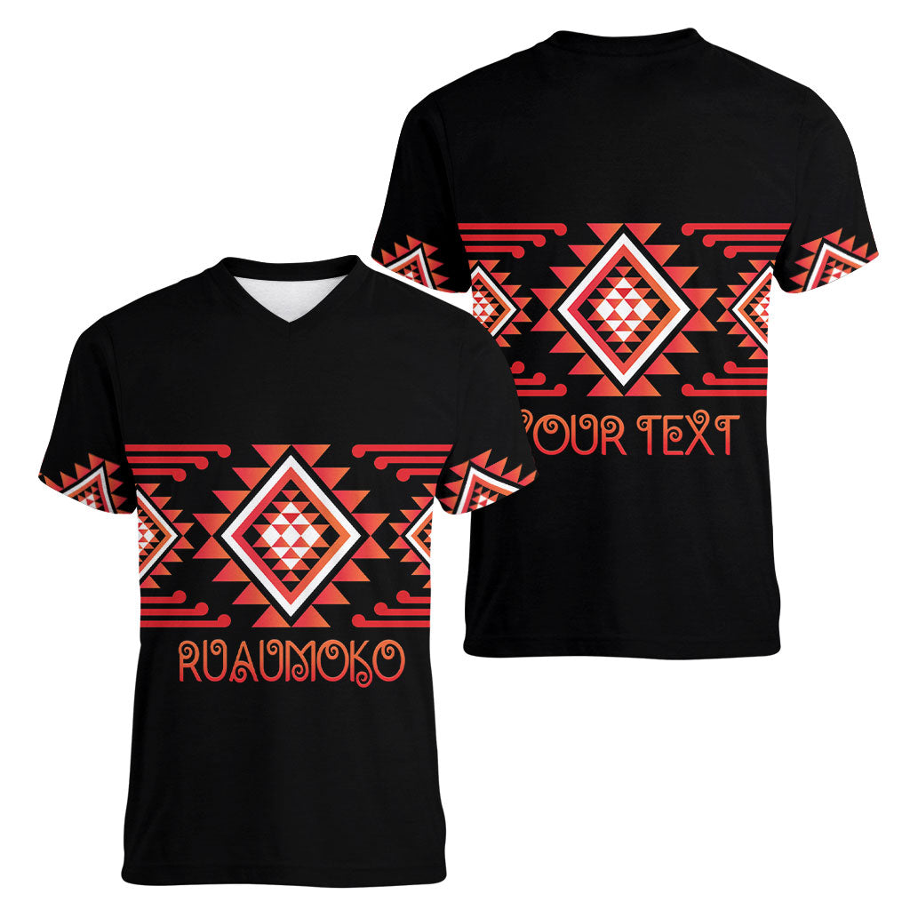 Aotearoa Atua Ruaumoko Personalised Women V-Neck T-Shirt Maori Powerful God Taniko Motifs LT14 - Polynesian Pride