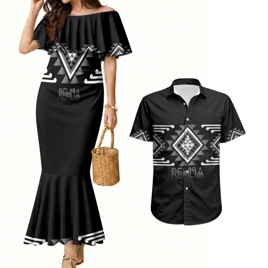 Aotearoa Atua Rehua Personalised Couples Matching Mermaid Dress and Hawaiian Shirt Maori God Of Healing Taniko Motifs LT14 Grey - Polynesian Pride