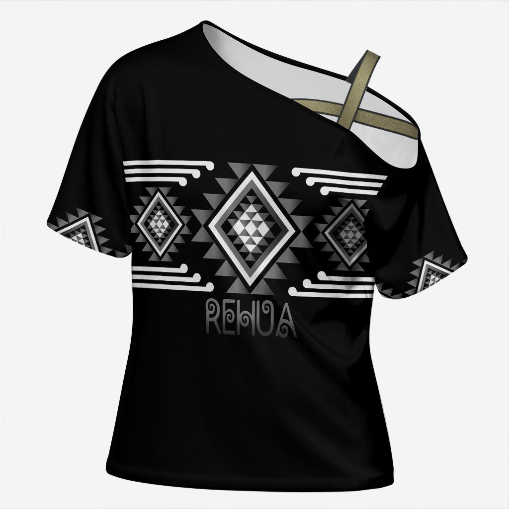 Aotearoa Atua Rehua Personalised Cross Shoulder Shirt Maori God Of Healing Taniko Motifs LT14 Female Grey - Polynesian Pride