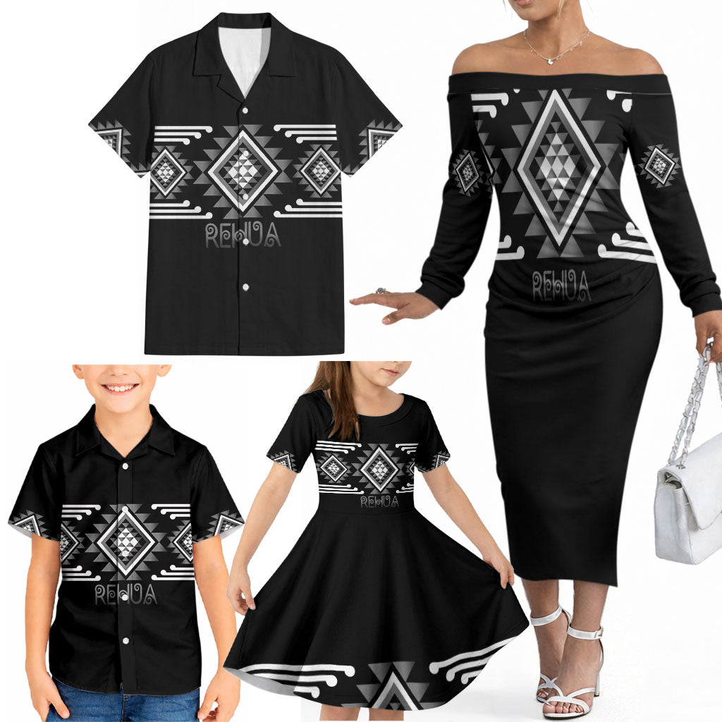 Aotearoa Atua Rehua Personalised Family Matching Off The Shoulder Long Sleeve Dress and Hawaiian Shirt Maori God Of Healing Taniko Motifs LT14 - Polynesian Pride
