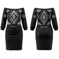 Aotearoa Atua Rehua Personalised Family Matching Off The Shoulder Long Sleeve Dress and Hawaiian Shirt Maori God Of Healing Taniko Motifs LT14 Mom's Dress Grey - Polynesian Pride
