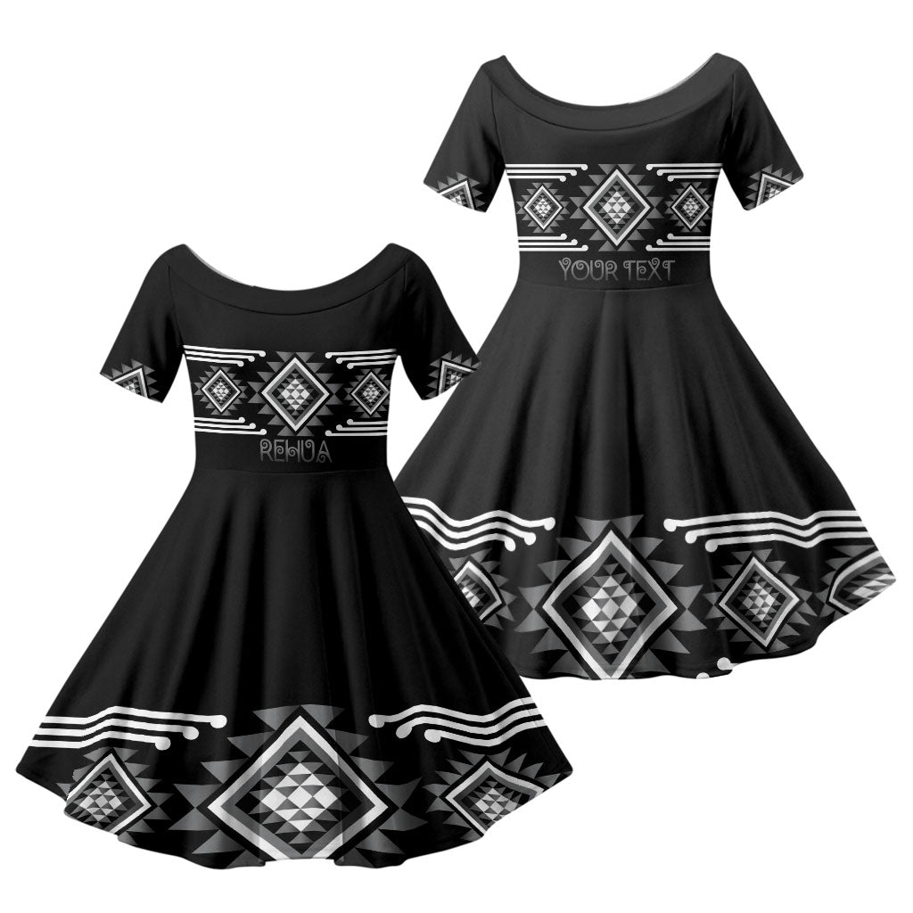 Aotearoa Atua Rehua Personalised Family Matching Off Shoulder Short Dress and Hawaiian Shirt Maori God Of Healing Taniko Motifs LT14 Daughter's Dress Grey - Polynesian Pride