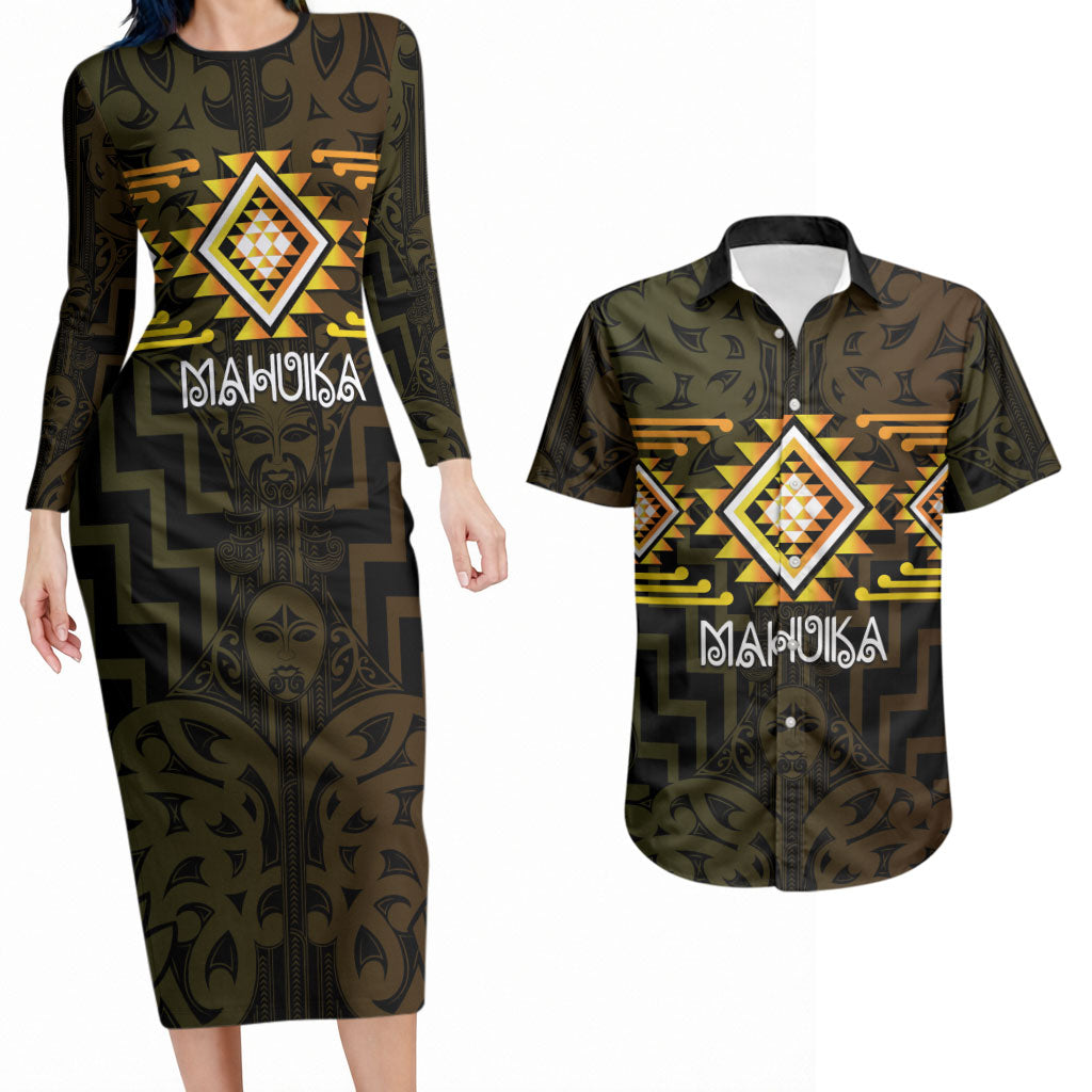 Aotearoa Atua Mahuika Personalised Couples Matching Long Sleeve Bodycon Dress and Hawaiian Shirt Maori Goddess Of Fire Taniko Motifs LT14 Yellow - Polynesian Pride