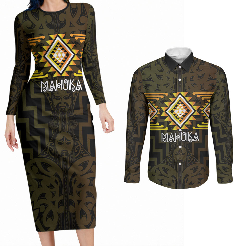 Aotearoa Atua Mahuika Personalised Couples Matching Long Sleeve Bodycon Dress and Long Sleeve Button Shirt Maori Goddess Of Fire Taniko Motifs LT14 Yellow - Polynesian Pride