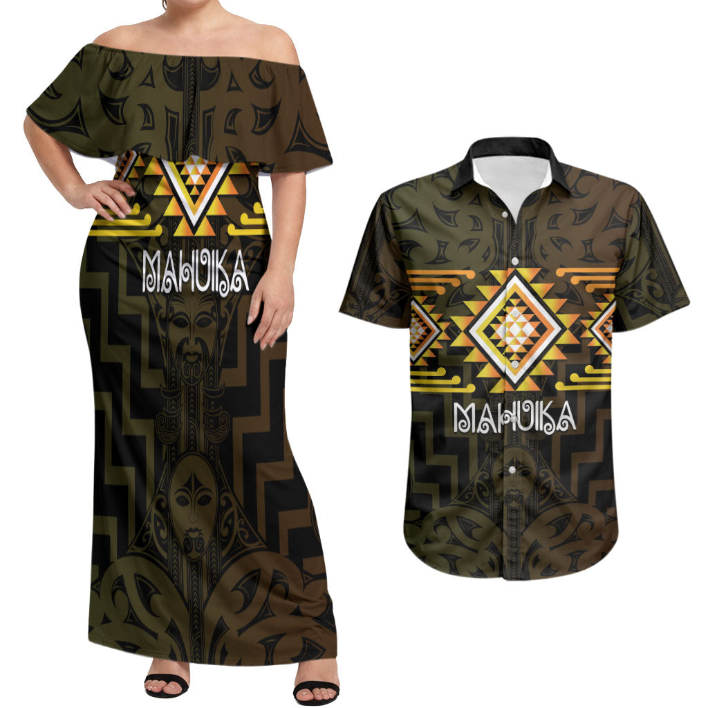 Aotearoa Atua Mahuika Personalised Couples Matching Off Shoulder Maxi Dress and Hawaiian Shirt Maori Goddess Of Fire Taniko Motifs LT14 Yellow - Polynesian Pride