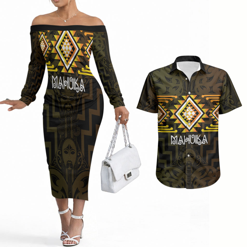 Aotearoa Atua Mahuika Personalised Couples Matching Off The Shoulder Long Sleeve Dress and Hawaiian Shirt Maori Goddess Of Fire Taniko Motifs LT14 Yellow - Polynesian Pride