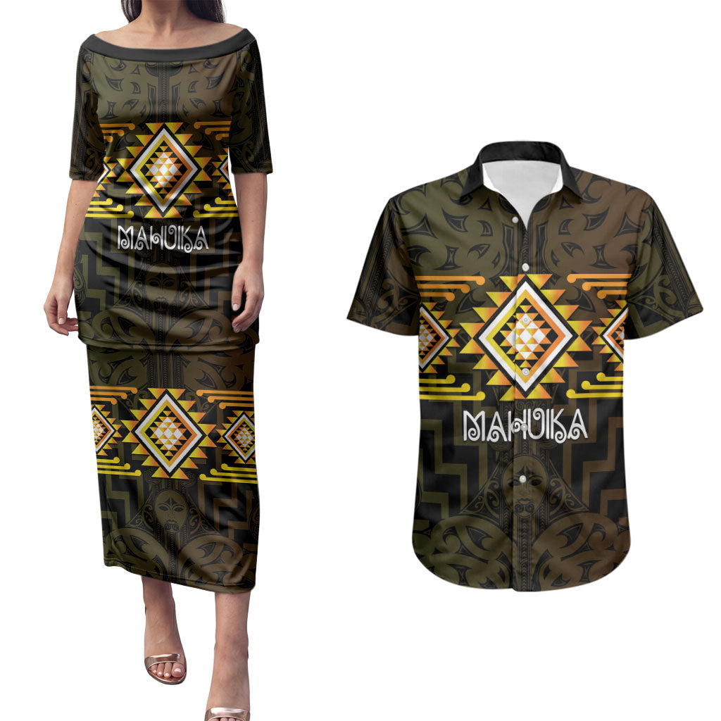 Aotearoa Atua Mahuika Personalised Couples Matching Puletasi and Hawaiian Shirt Maori Goddess Of Fire Taniko Motifs LT14 Yellow - Polynesian Pride