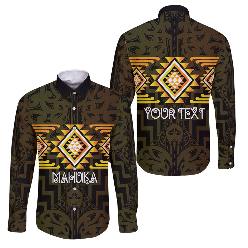 Aotearoa Atua Mahuika Personalised Family Matching Long Sleeve Bodycon Dress and Hawaiian Shirt Maori Goddess Of Fire Taniko Motifs LT14 Dad's Shirt - Long Sleeve Yellow - Polynesian Pride