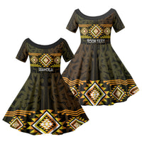 Aotearoa Atua Mahuika Personalised Family Matching Off The Shoulder Long Sleeve Dress and Hawaiian Shirt Maori Goddess Of Fire Taniko Motifs LT14 Daughter's Dress Yellow - Polynesian Pride