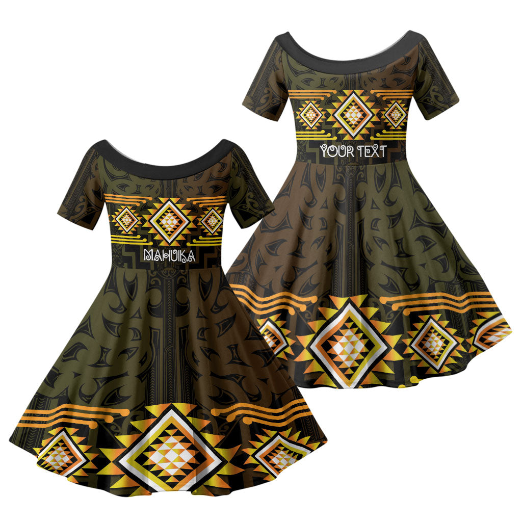 Aotearoa Atua Mahuika Personalised Family Matching Summer Maxi Dress and Hawaiian Shirt Maori Goddess Of Fire Taniko Motifs LT14 Daughter's Dress Yellow - Polynesian Pride