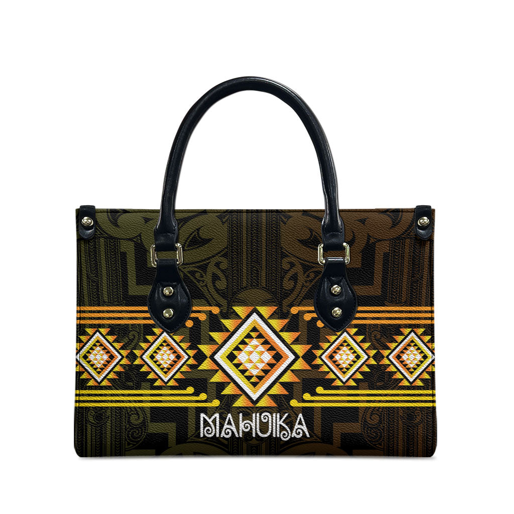 Aotearoa Atua Mahuika Leather Bag Maori Goddess Of Fire Taniko Motifs LT14 - Polynesian Pride
