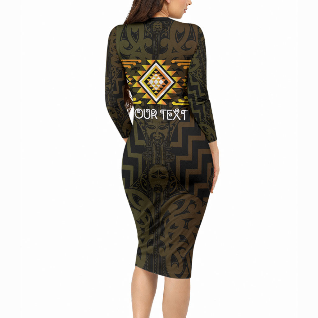 Aotearoa Atua Mahuika Personalised Long Sleeve Bodycon Dress Maori Goddess Of Fire Taniko Motifs LT14 - Polynesian Pride