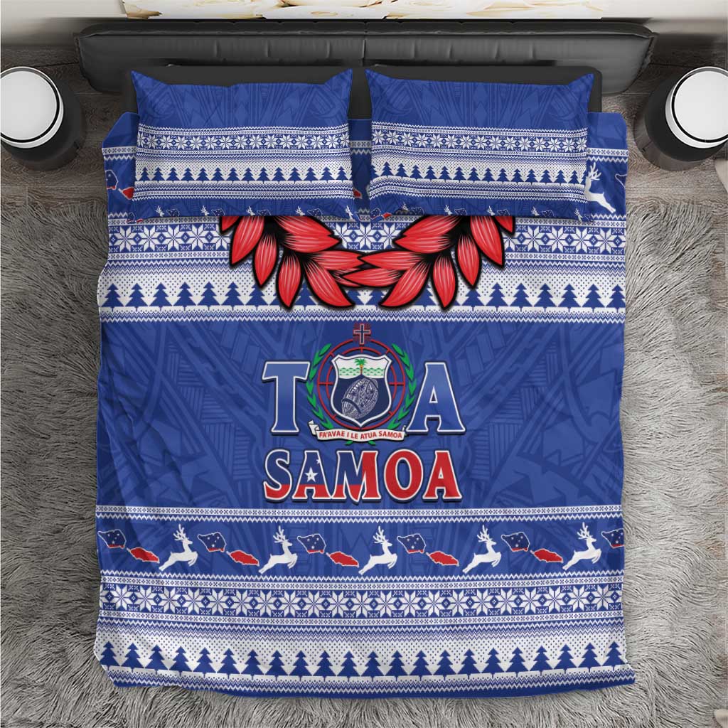 Toa Samoa Rugby Christmas Bedding Set Ula Fala Samoan Pattern Blue - Polynesian Pride